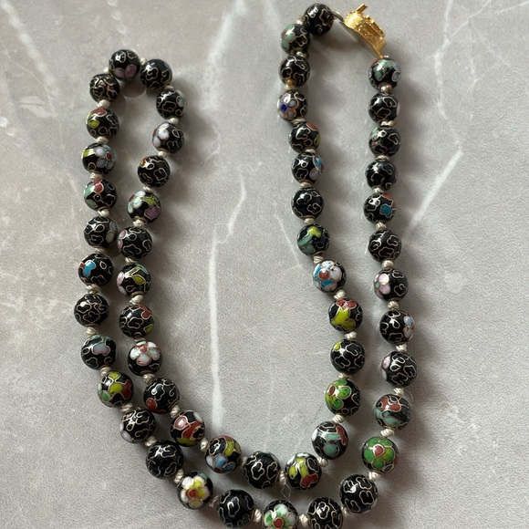 Sale! Vintage Cloisonné statement beaded necklace black bead statement jewelry - Picture 3 of 9